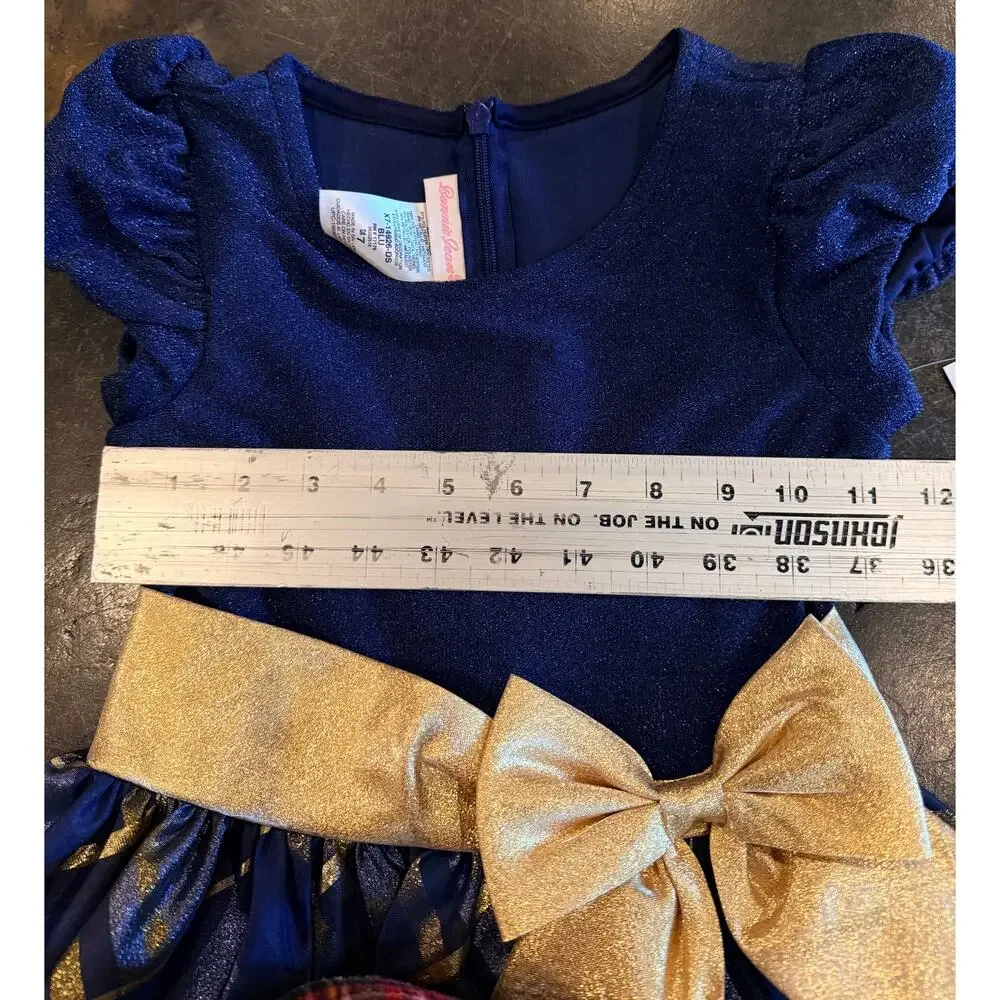 Bonnie Jean Little & Big Kid Girls Short Sleeve Fit+Flare Dress Blue & Gold Sz.7